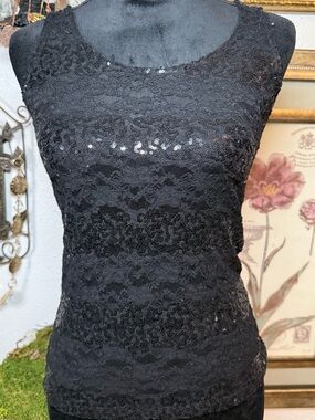 Vanity Black Lace Sequin Tank Top Sheer Layered Party Sparkle •Size S•
